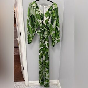 Alice + Olivia Carlton Kaftan Palm Leaf Green Maxi Dress with Belt